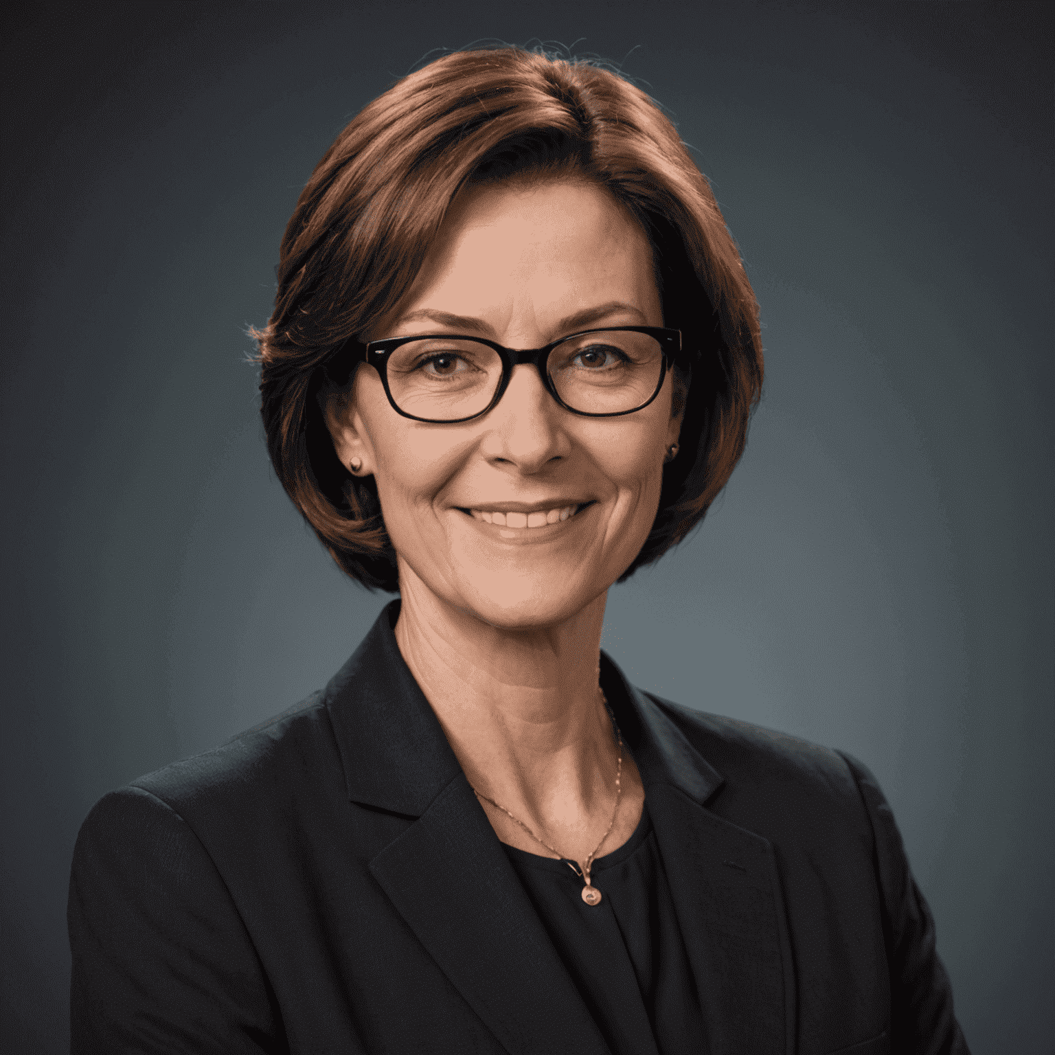 Portrait of Jane Doe, a middle-aged woman with short brown hair and glasses, wearing a professional dark suit, smiling confidently at the camera