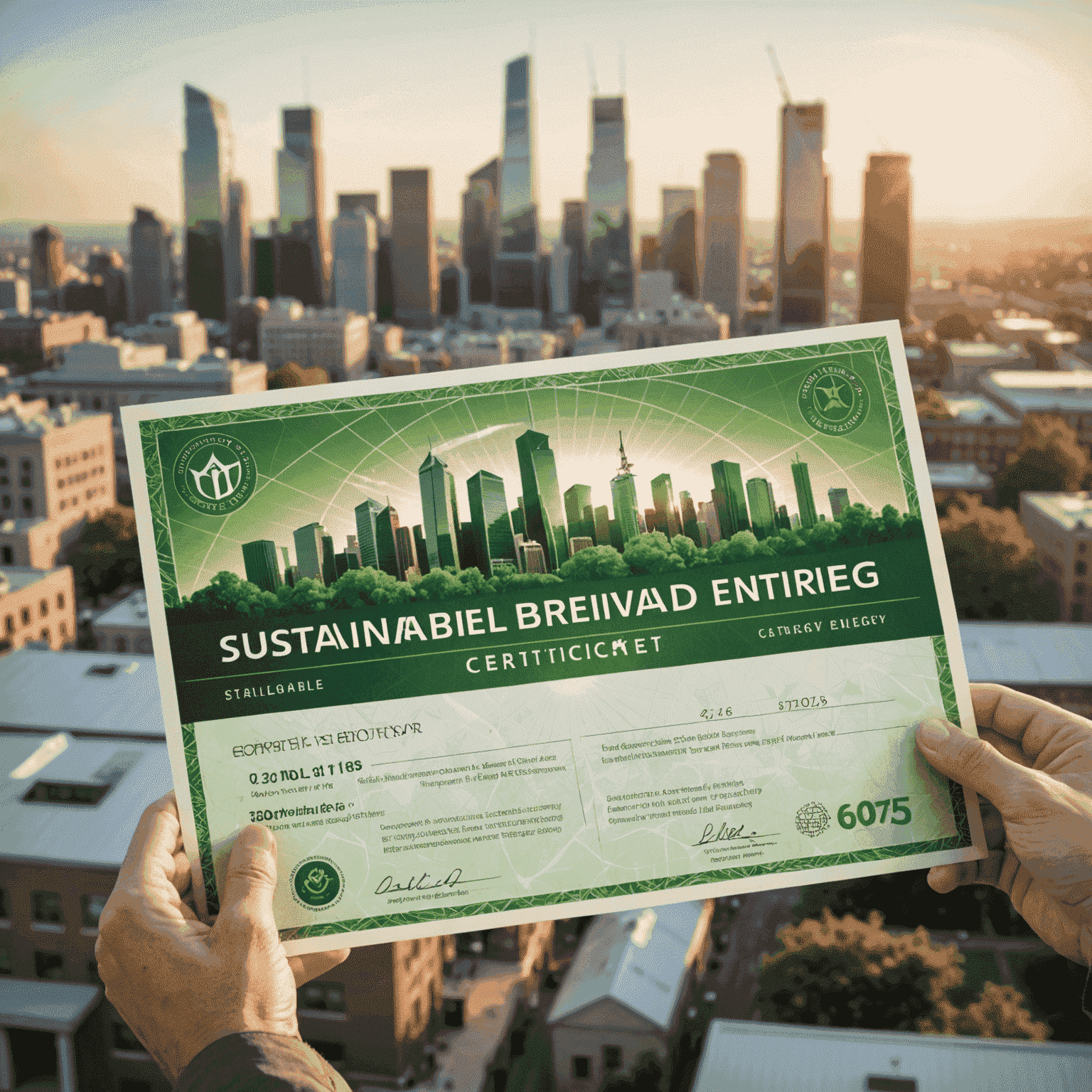 A hand holding a green bond certificate with a cityscape of sustainable buildings and renewable energy sources in the background