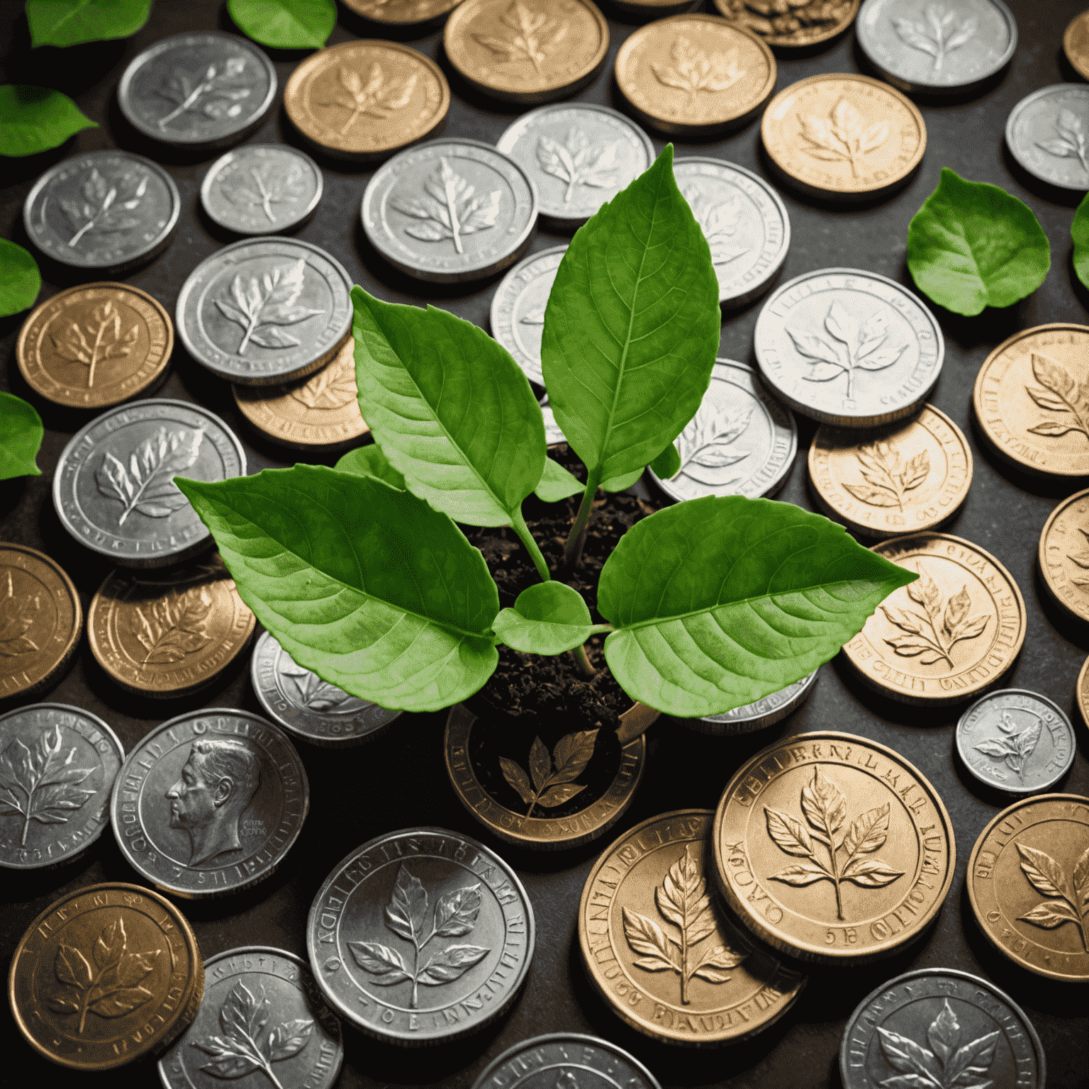 A visual representation of green bonds, showing plant leaves growing from coins, symbolizing sustainable financial growth and environmental investments