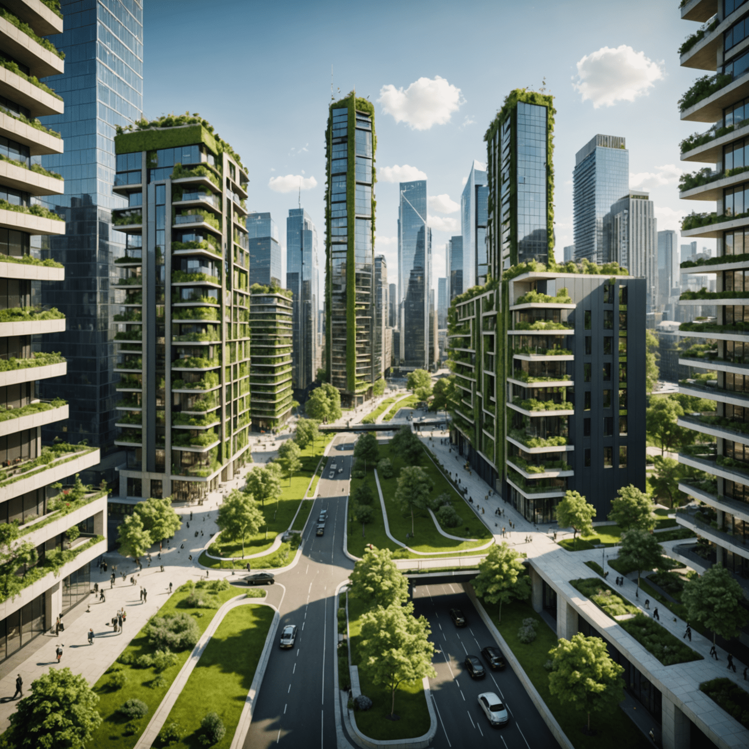 A cityscape with modern green buildings and sustainable infrastructure, symbolizing the impact of green bonds on urban development