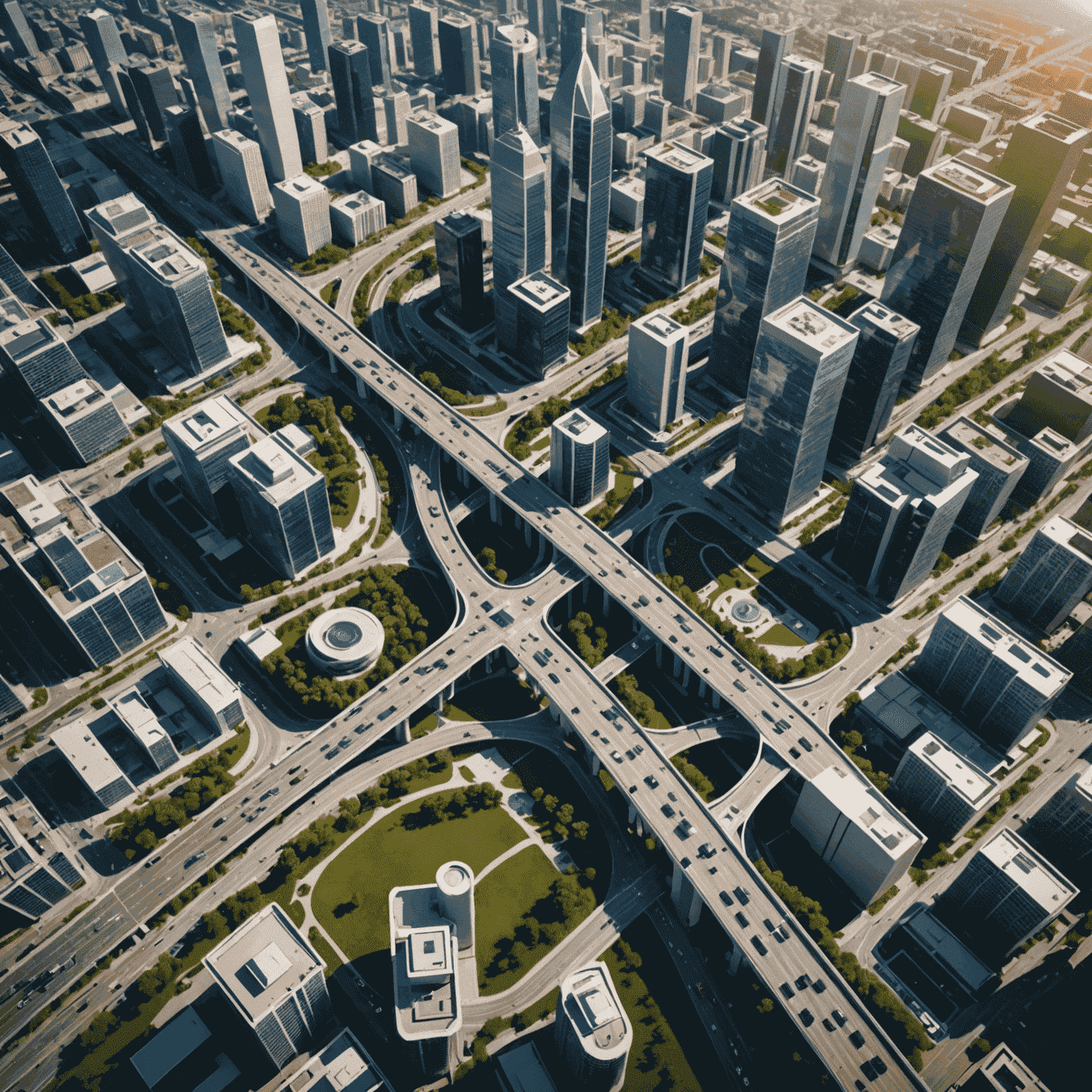 Aerial view of a modern smart city with interconnected infrastructure, showcasing innovative urban planning and technology integration