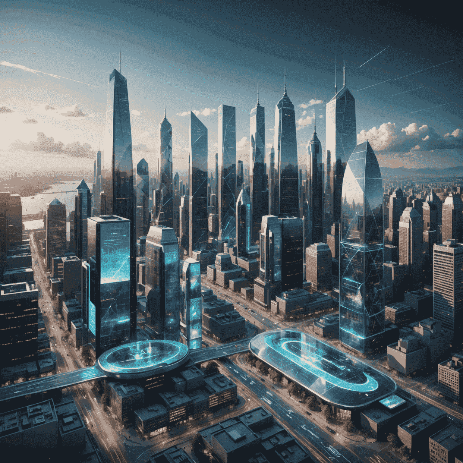 A futuristic cityscape with holographic displays showing AI-driven investment data and economic trends