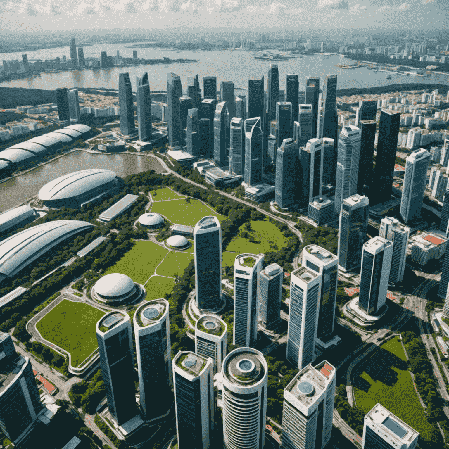 Aerial view of Singapore's modern skyline with futuristic buildings and green spaces, symbolizing the city-state's innovative approach to urban development and technology investment