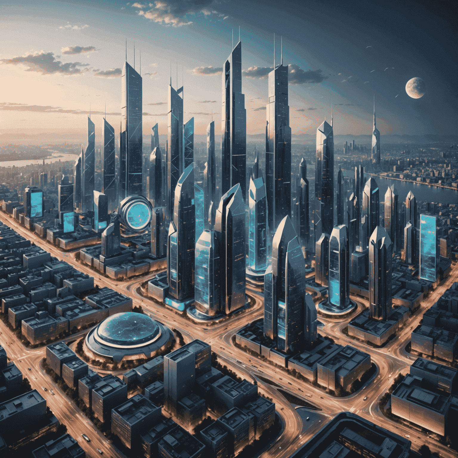 A futuristic city skyline with interconnected digital networks and innovative public spaces