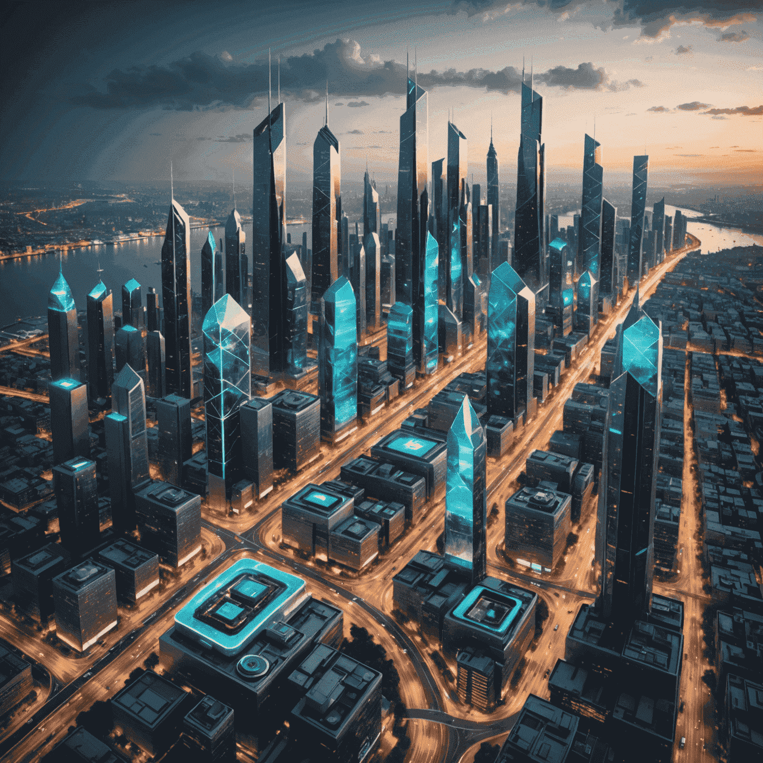 A futuristic cityscape with interconnected digital elements, representing smart city technologies and public-private collaborations