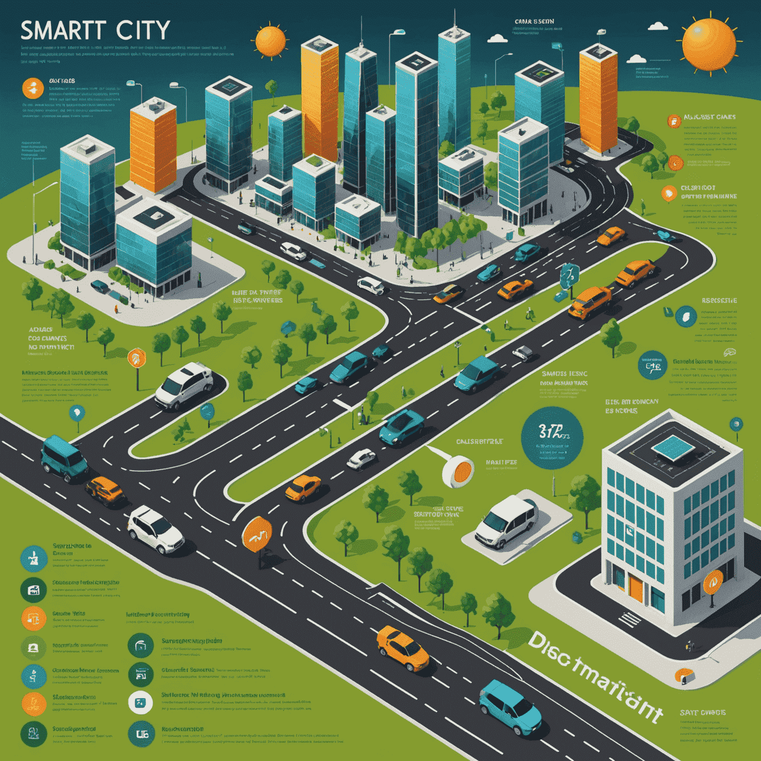 Infographic showing various smart city technologies and their impact on urban life, including smart traffic lights, solar-powered buildings, and waste management systems