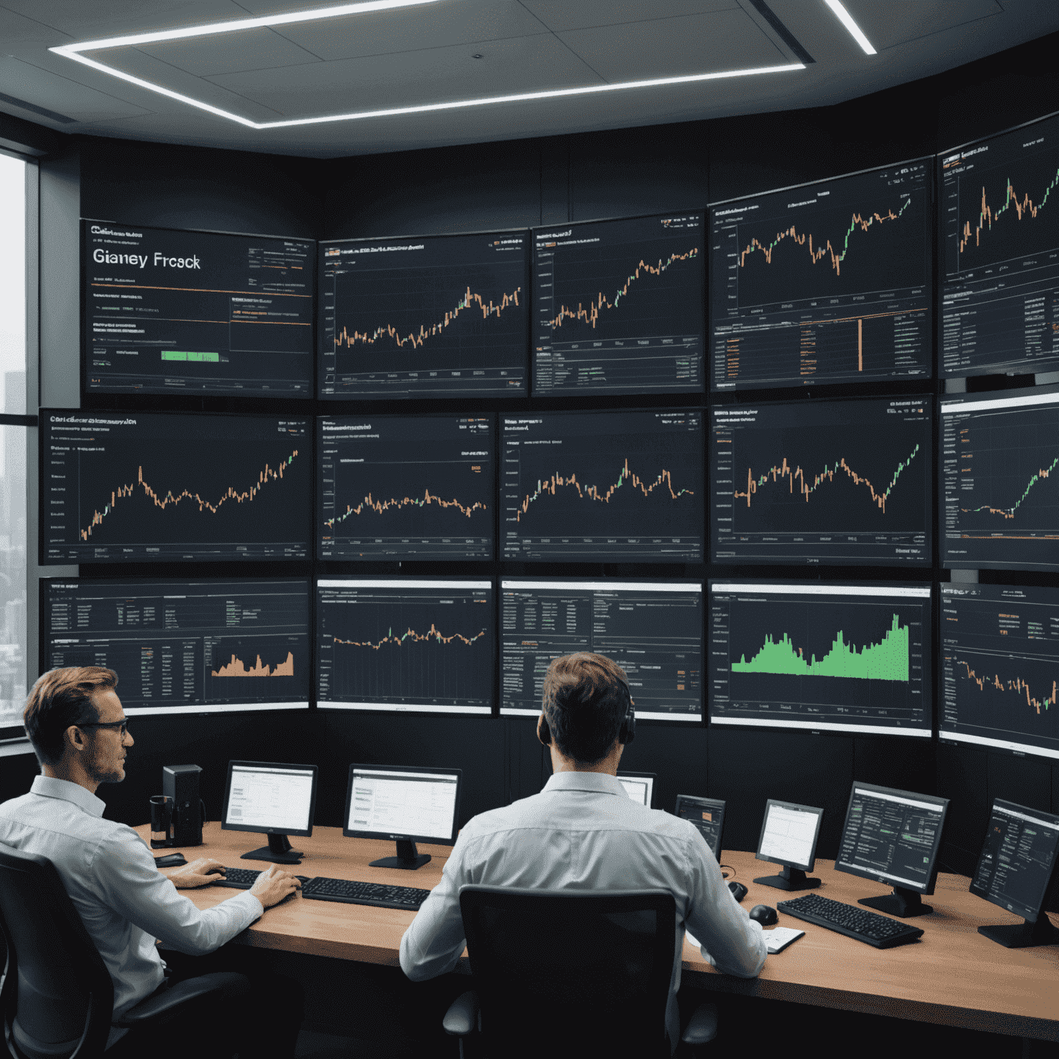 A sophisticated AI system displaying complex economic forecasts and trend predictions on multiple screens