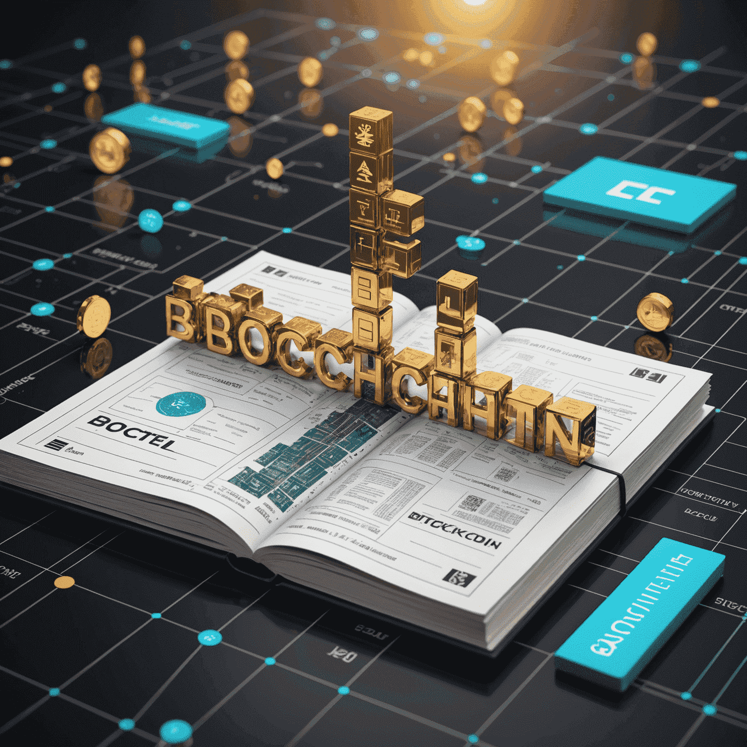 A visual representation of blockchain technology intertwined with public finance symbols and transparent ledgers