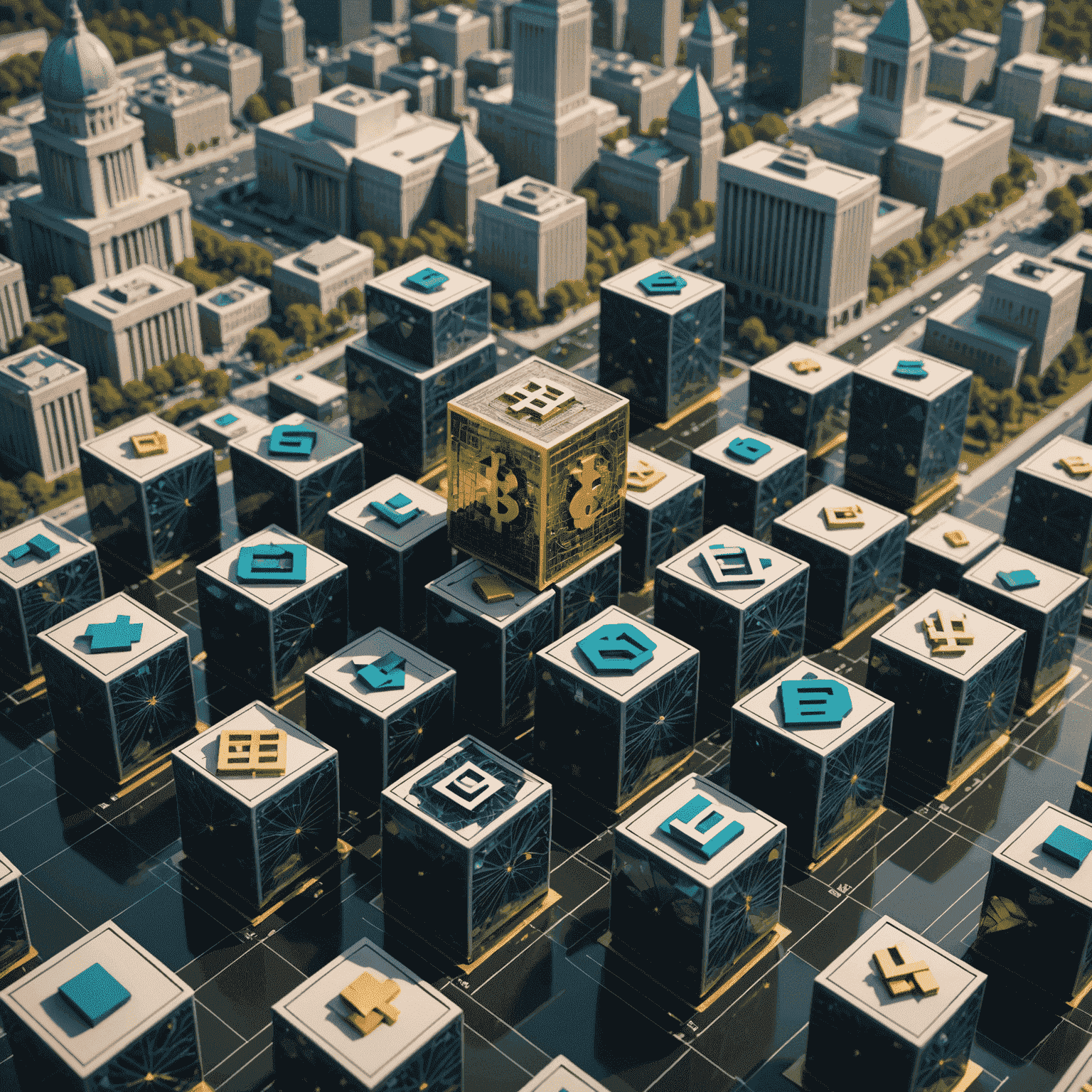 A visual representation of blockchain technology in public finance, showing interconnected blocks with financial symbols and government buildings