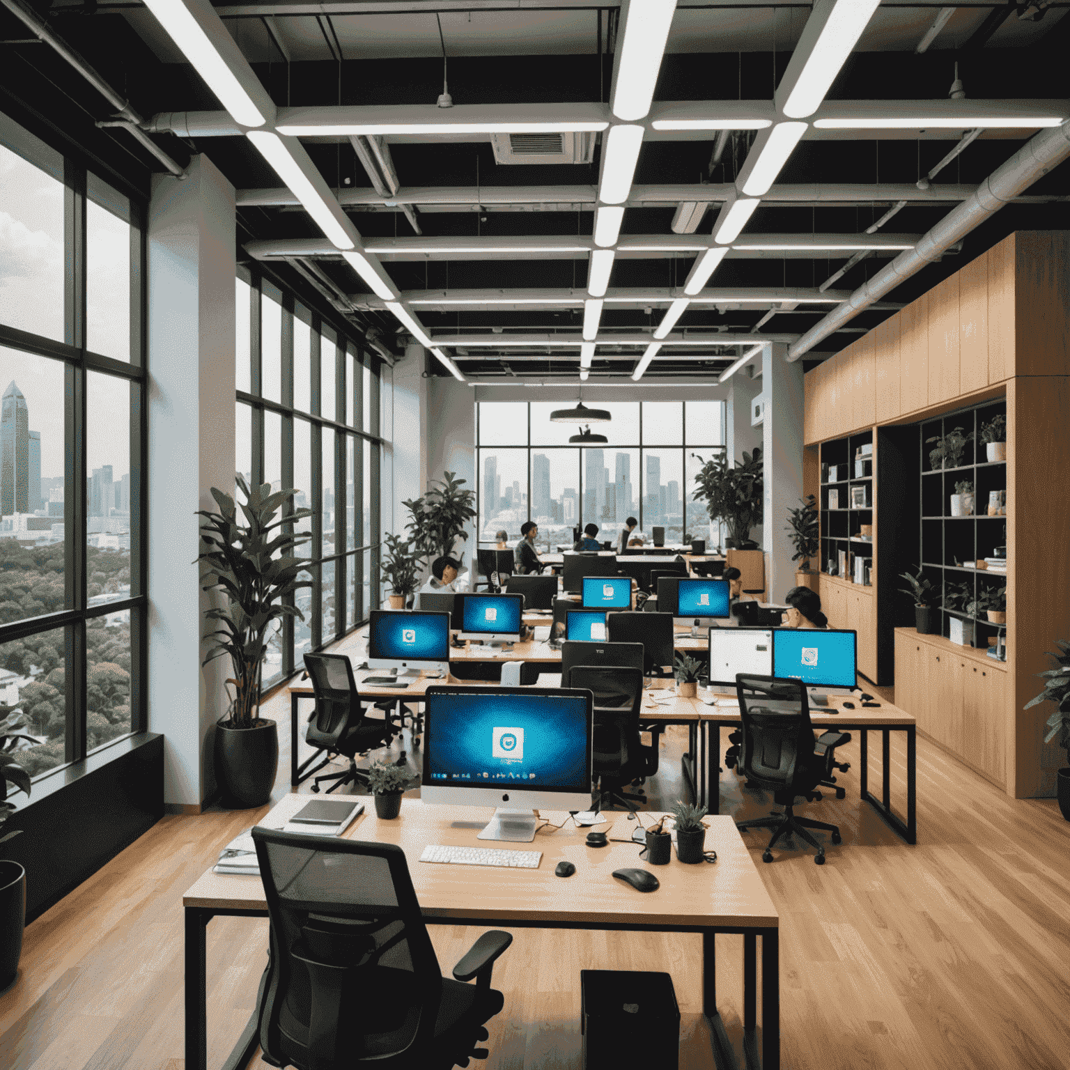 A modern, open-plan office space in Singapore filled with diverse groups of young professionals collaborating on tech projects, representing the country's thriving startup ecosystem