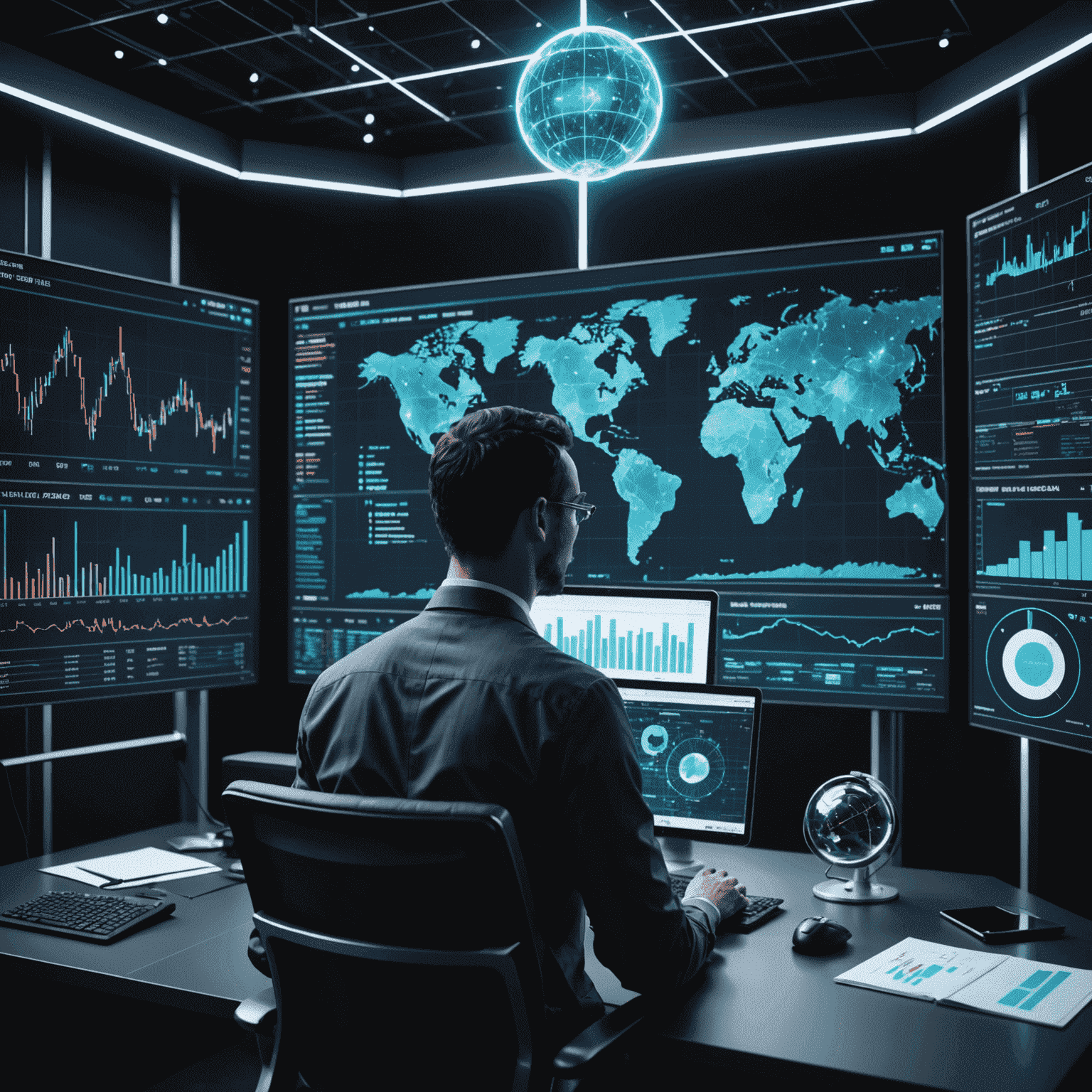 An image depicting AI analyzing financial data and investment trends, with holographic projections of charts and graphs