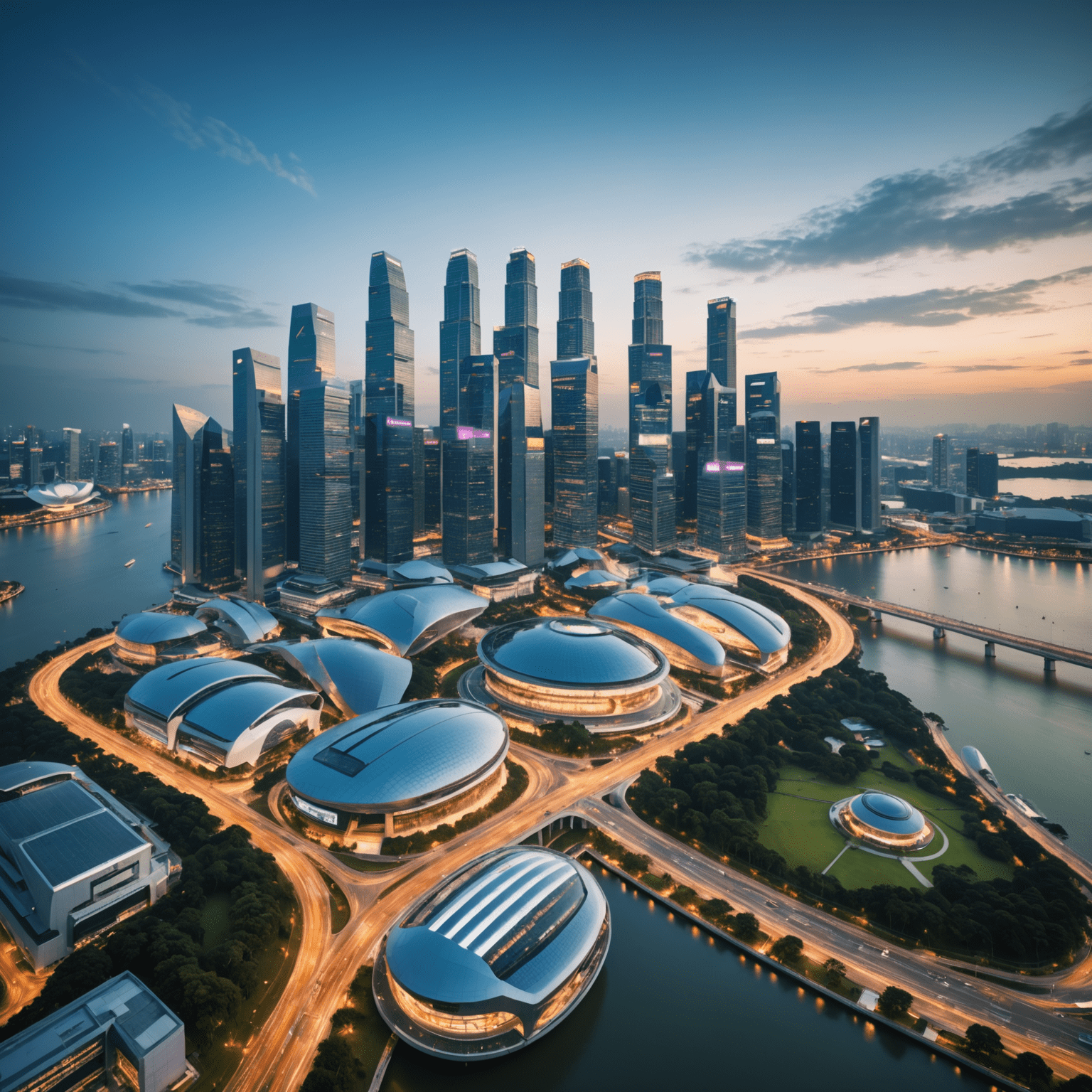 A panoramic view of Singapore's skyline with futuristic elements, highlighting its role as a global innovation hub